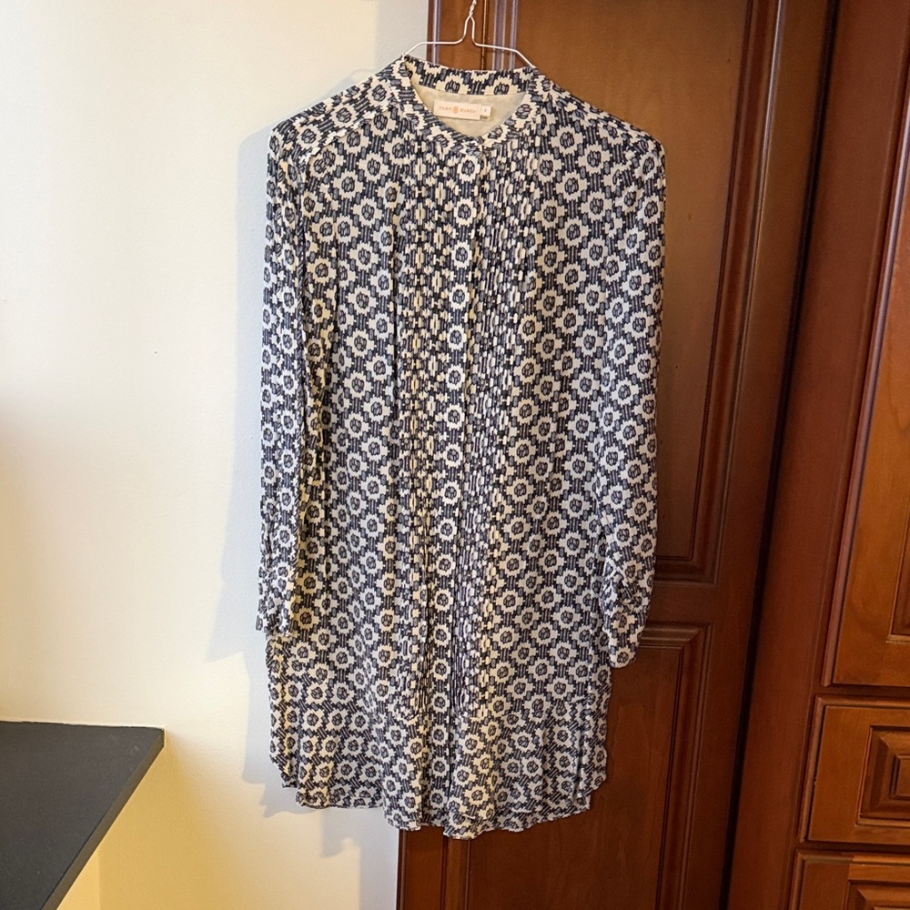 Tory Burch Navy and White Floral Long Sleeve Dress
